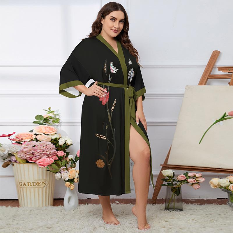 Übergröße Satin Sommer Pyjama & Bademantel Set für Damen - Leichter Luxus Eisseide