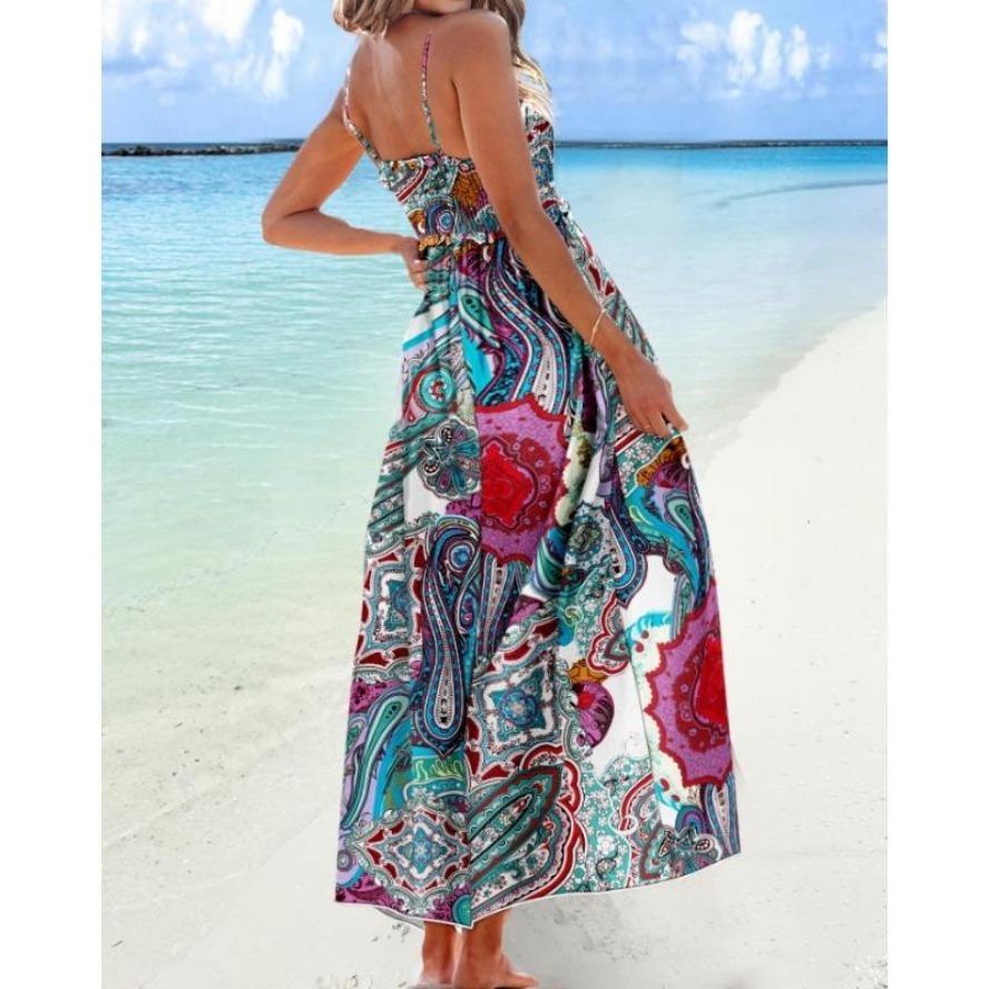 YYFS Dámská móda Léto Jaro Barevný blokový potisk Bez rukávů Ramínka Vysoký pas Ležérní šaty