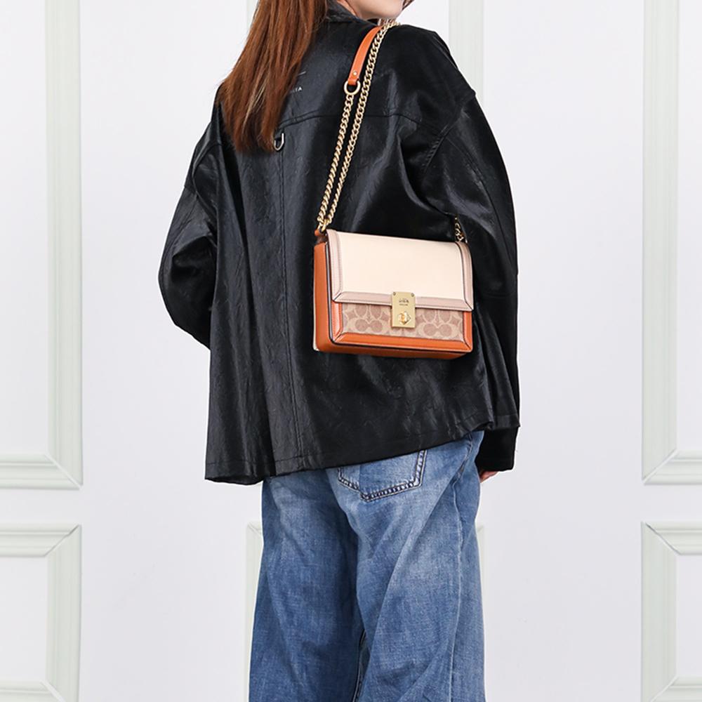 Coach Hutton Color Block Lock Closure Leather Small Square Chain Bag Women bags Brown White C2795-B4SD2