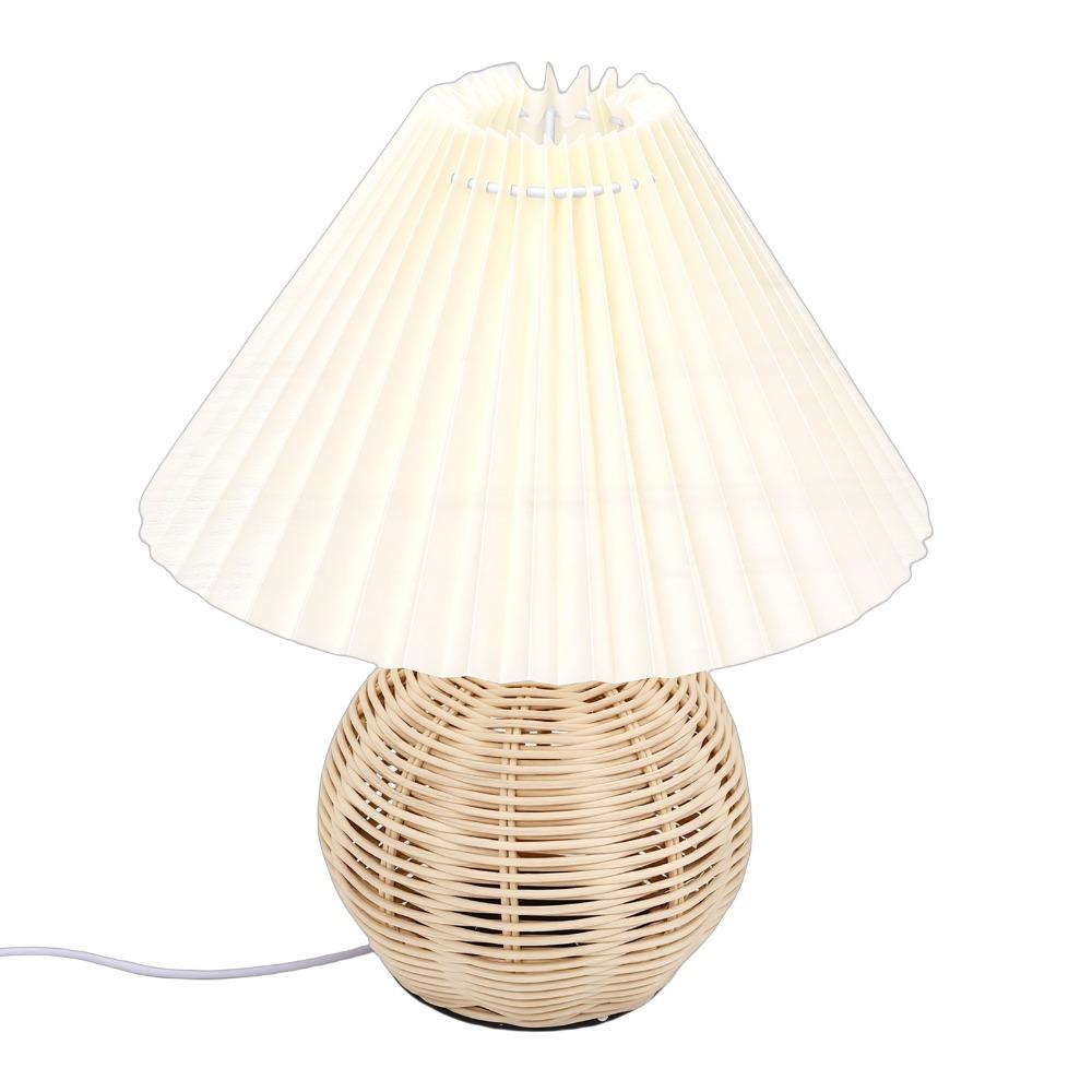 Fabric Lampshade Pleated Table Lamp Rattan Base Bedside Table Lamp Modern Nightstand Lamp Reading