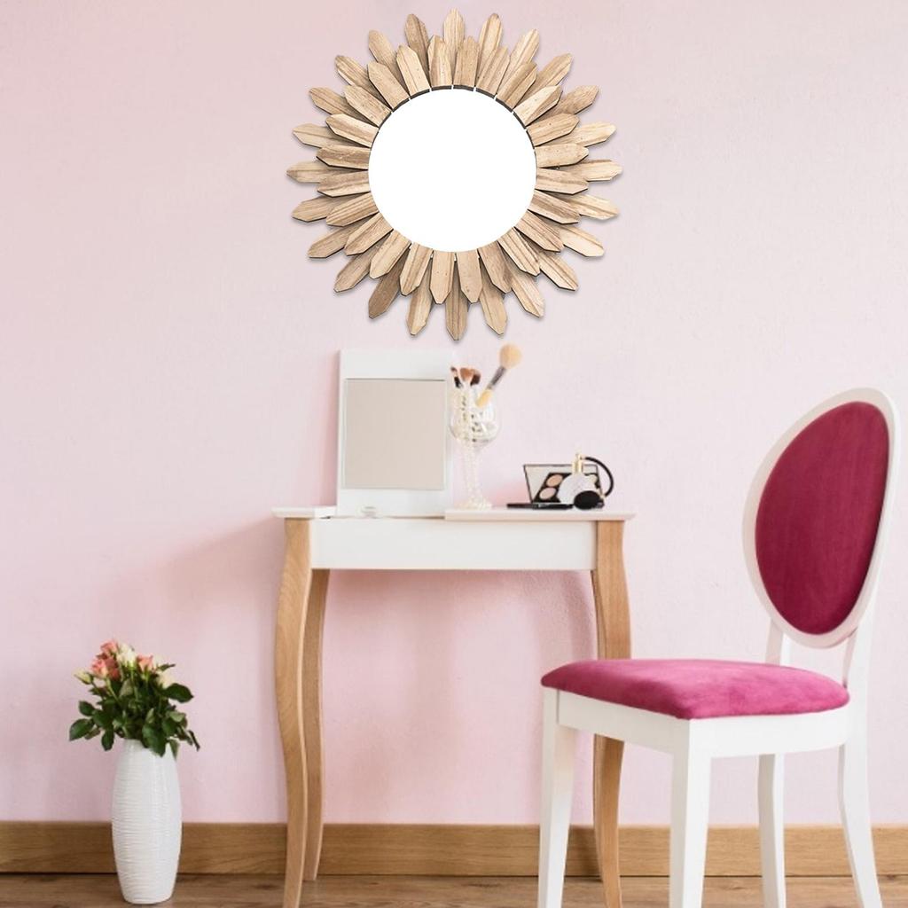Wooden Mirror for Wall Round Wall Decor Decorative Sunflower Hangable Wooden Mirror for Dining Bathroom Living Room Hallway