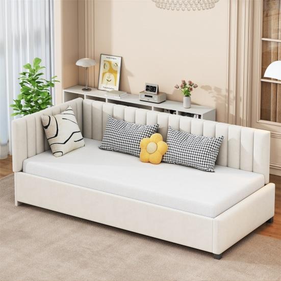 Low Daybed Upholstered Sofa Bed 90x200CM Slatted Frame Velvet Fabric Sleeping Couch Modern Grey Beige Living Room Single Day with Sponge Filling