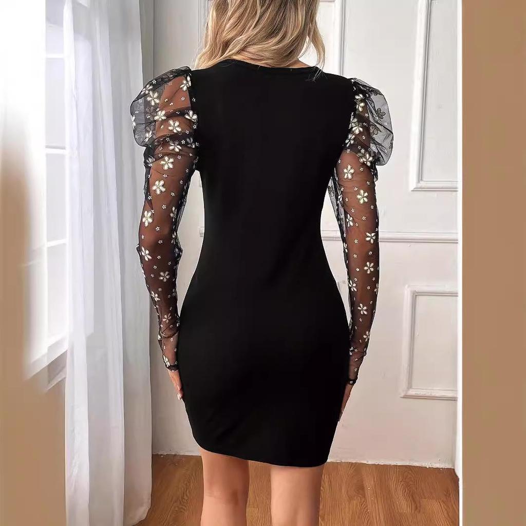 2024 Grenzüberschreitendes Damen-Schlankheitskleid mit Mesh-Ärmeln