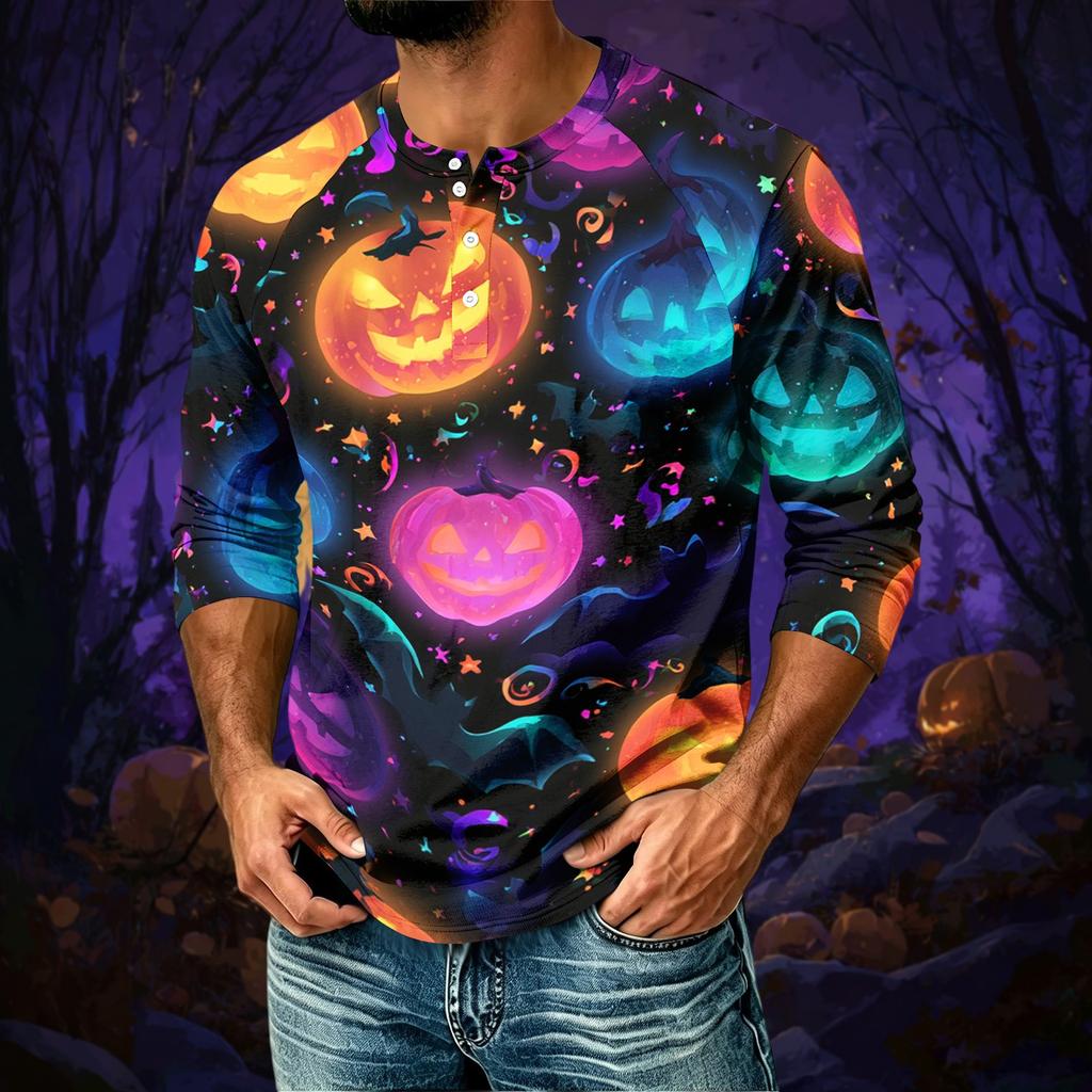 Men's Casual Halloween Print Raglan Three-Quarter Sleeve Shirt