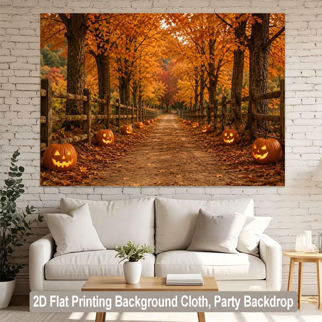 1 piece of 2D flat background fabric, pumpkin lantern autumn forest path scenery background banner, family, garden