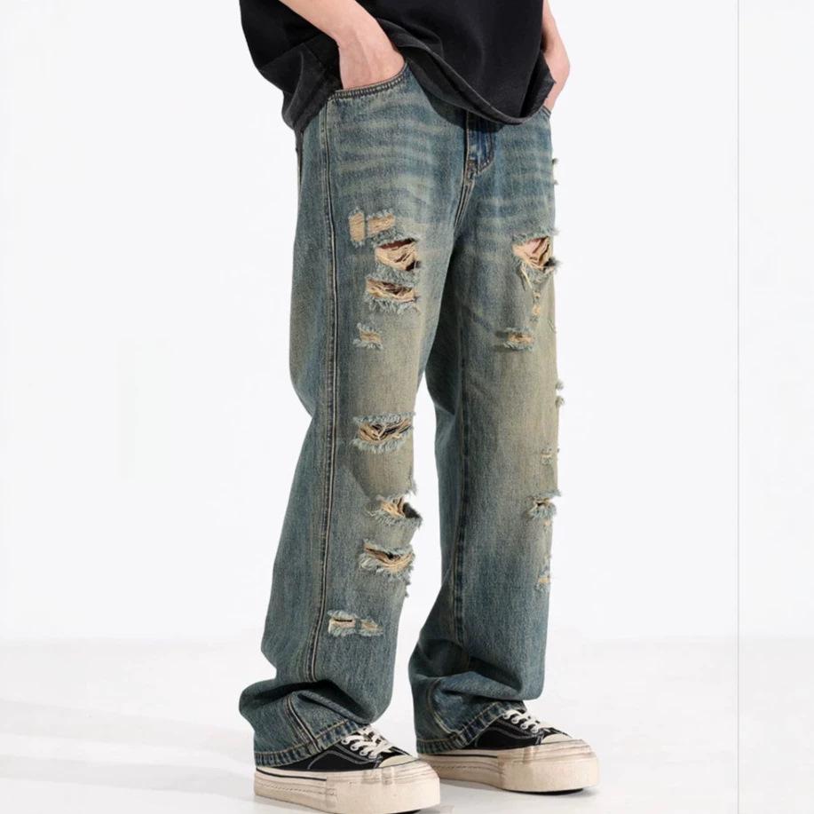 American summer ripped jeans men's new loose straight men's wide-leg jeans