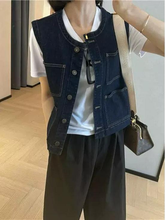 

Ретро Шик Безрукавный Джинсовый Жилет - Женская Модная Облегающая Многослойная Майка Medium