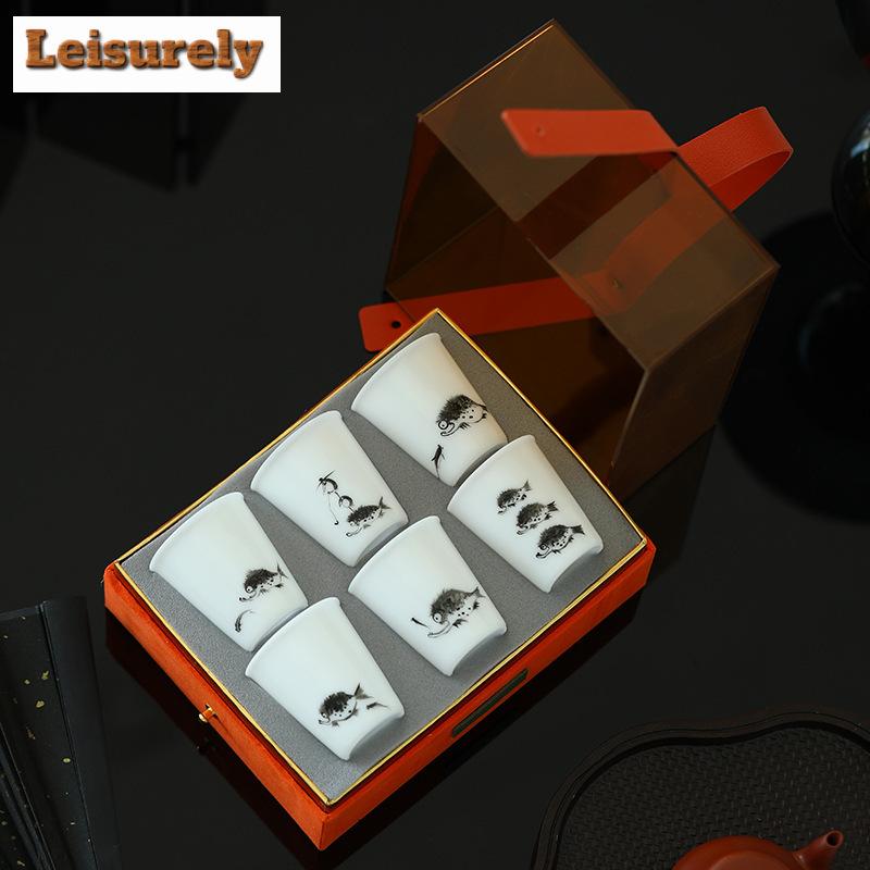 50ml Hand-painted Fish Play Teacup Dehua White Ice Seed Jade Porcelain Smell Cup Master Cup Meditation Cup Mugs Kung Fu Teaset