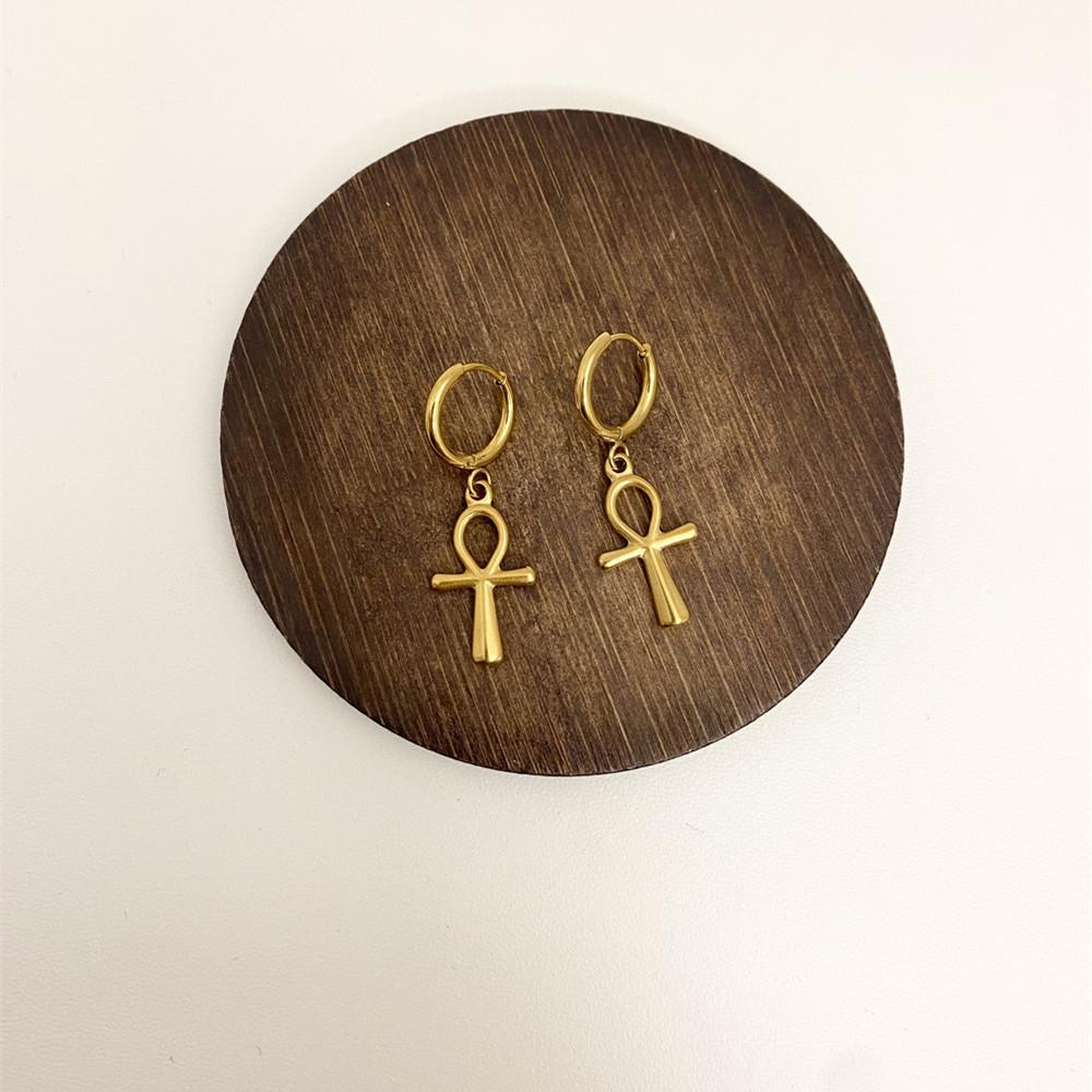 Personalized Angel Cross Stainless Steel Earrings for Women, 18K Gold Plated Pendant