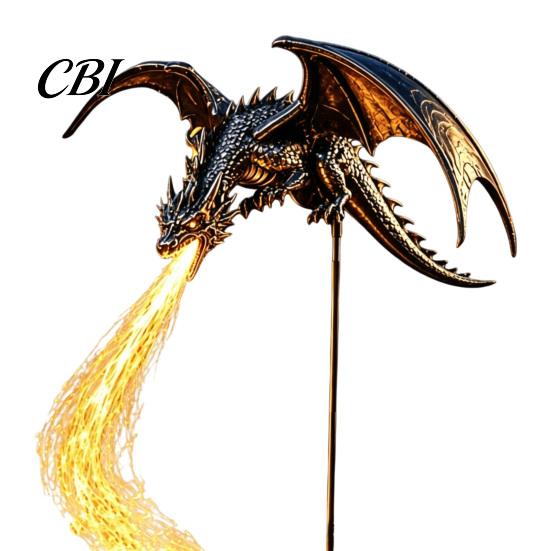 Outdoor Metal Dragon Ornaments Solar Garden Stake Light with Breathing Flame Fiber Optic Effects, Energy Efficient Stakes Waterproof Powered