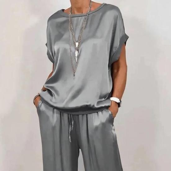 Women Summer Satin Lounge Sets Short Sleeve Crew Neck Top And Wide Leg Pants Set Casual Vacation 2 Piece Outfits