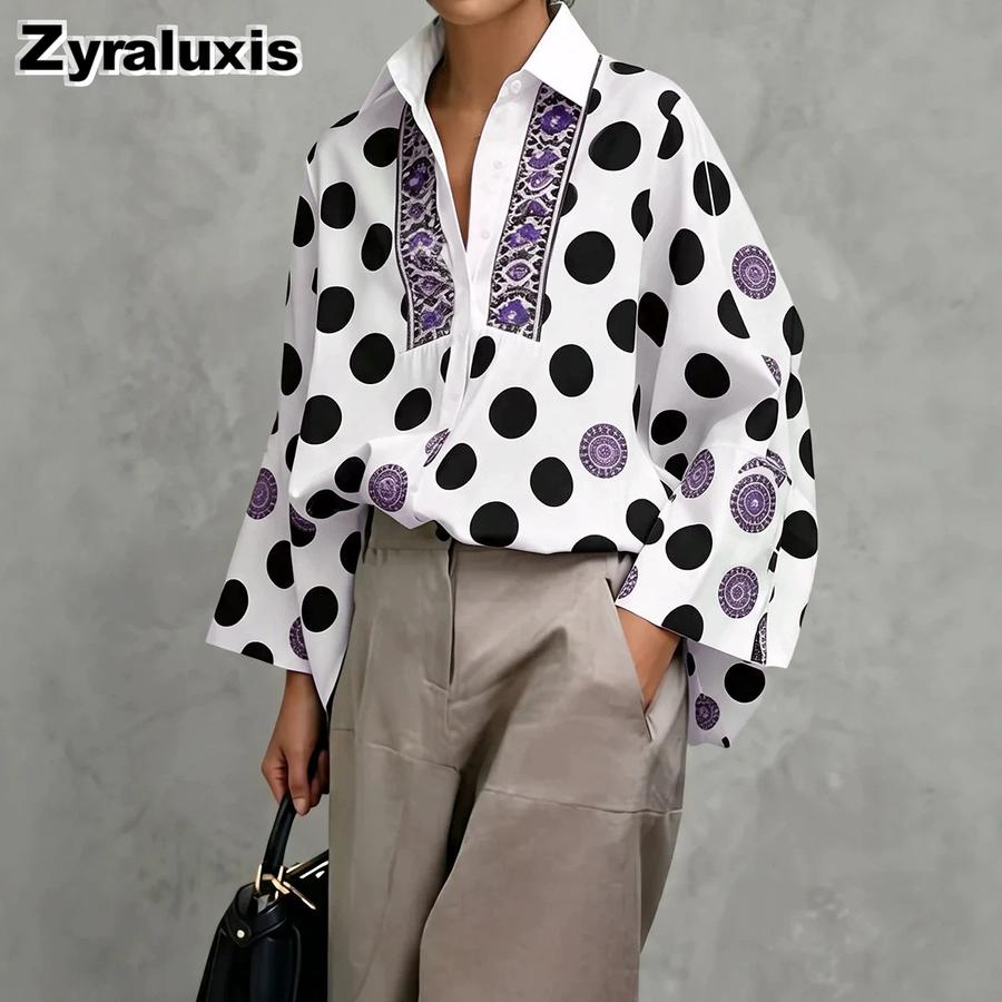 New Polka Dot Printed Long Sleeve Shirt French Style Loose Fashion Women s Top S