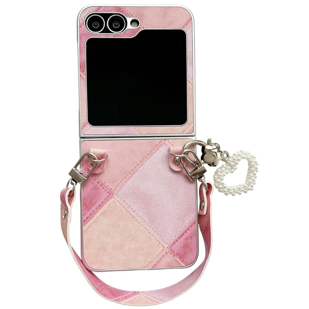 For Samsung Galaxy Z Flip5 5G Case Retro Rhombus PU+PC Phone Cover with Love Pendant and Strap