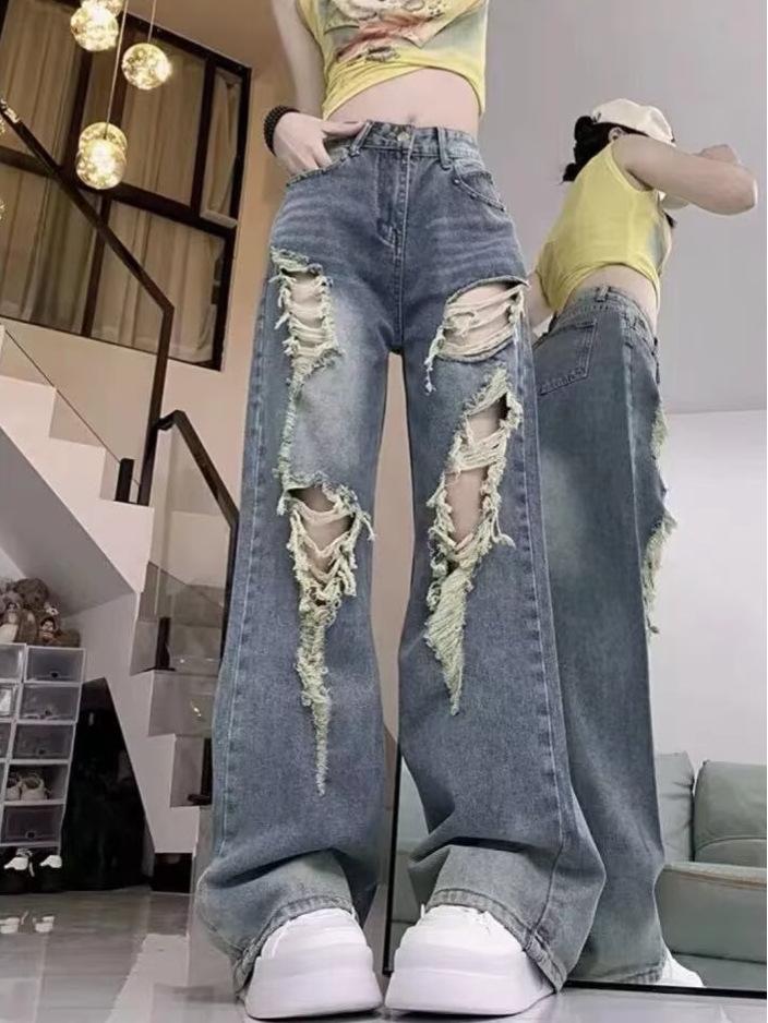 Women's Summer Retro High-Waist Ripped Jeans - Loose Straight-Leg Slimming Pants