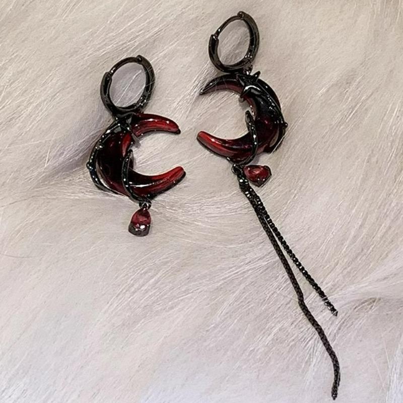 Fashion Gothic Style Asymmetry Red Moon Rose Earrings For Women Punk Japanese Y2K Style Crystal Drop Pendant Earrings Jewelry