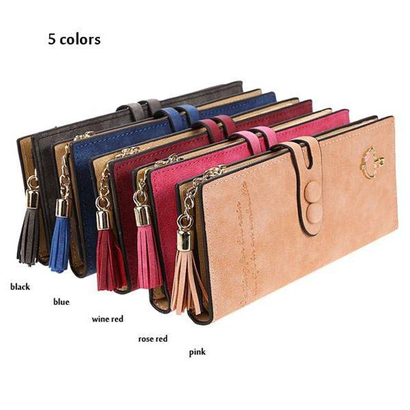 Elegant Women Leather Card Holder Long Trifold Wallet With Tassel And Checkbook Pocket