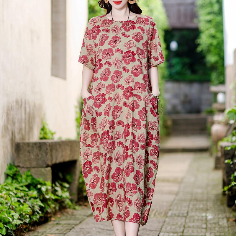 Vintage potisk Dlouhé šaty pro ženy Nadměrná velikost Volný Krátký rukáv Móda Elegantní Dámské šaty Letní Vintage oblečení