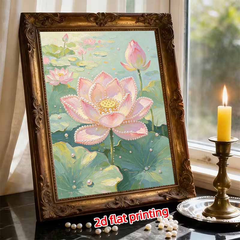 DIY Framed Pearl Painting Kit Elegant Pink Lotus Flower Pattern Sparkling Bead Canvas Art for Living Room Wall Decoration