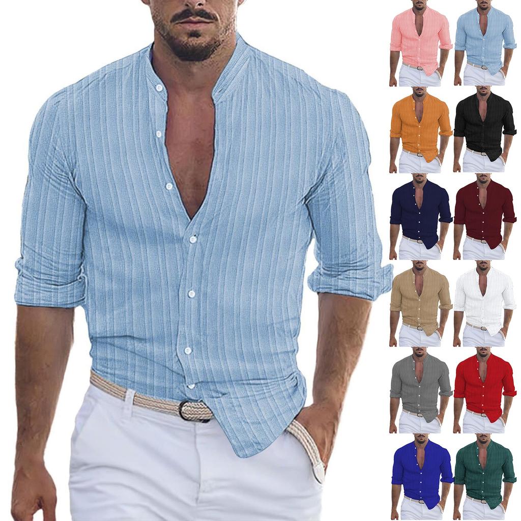 Cămașă de in ușoară pentru bărbați, casual, cu nasturi, cu mânecă lungă, textură de lucru, tricou simplu, top pentru vacanță la plajă