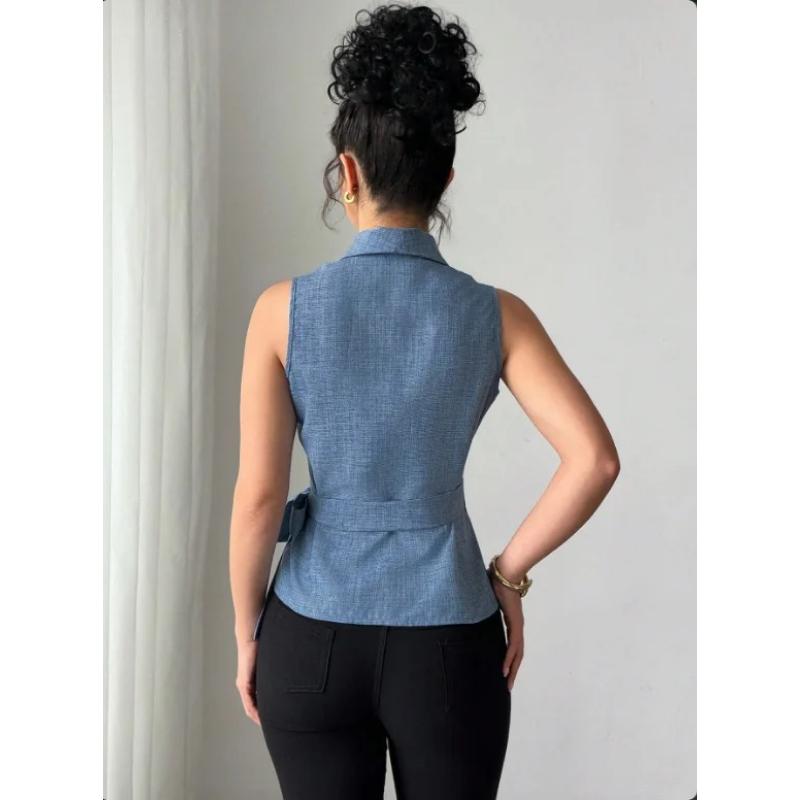 European and American Fashion Waist Cinching Tie Up Lapel Shirt Vest