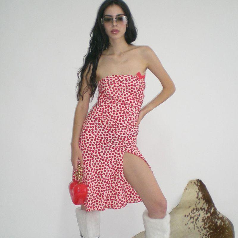 

Y2g Heart Printing Dress Slim Fit Slit Tube Top Red S
