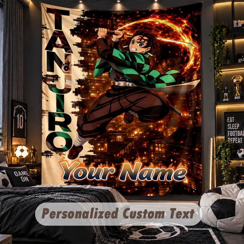 Personalized Wall Tapestry,Demon Slayer Custom Printed Name, Fabric Wall Art For Indoor Room Backdrop