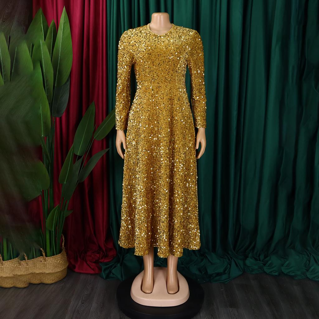 Sukienki damskie z okrągłym dekoltem, długim rękawem, jednolitym kolorem, cekinami, wysokim stanem, o średniej długości