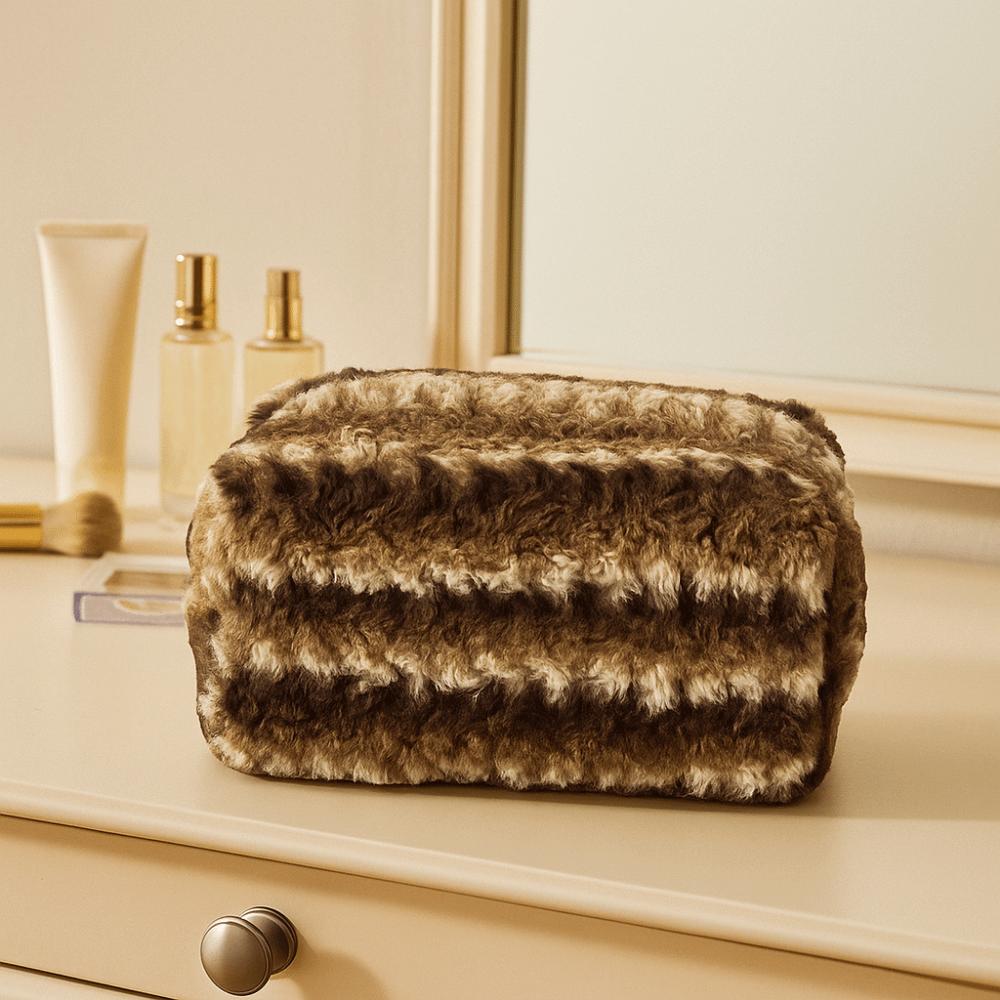 Vintage Plush Striped Makeup Bag Striped Design Travel Cosmetic Case Makeup Accessory