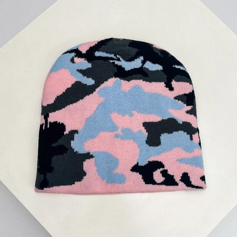 Autumn and Winter New European Style Camouflage Color Block Knitted Hats Warm Versatile Hip Hop Beanies Street Fashion Outdoor