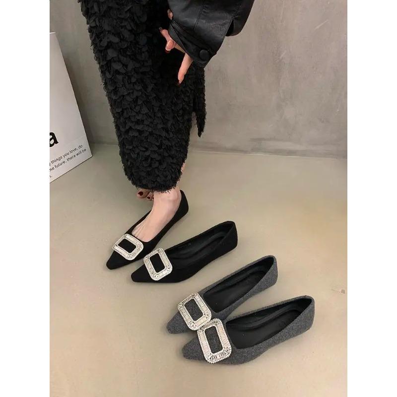 Summer Shoes Ladies Low Heels Crystal Shallow Mouth Black Flats Slip-on Female Footwear  Fashion Women's Rhinestone New Slip
