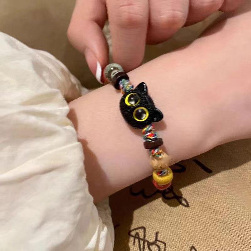 Bracelet Chat Cartoon Mignon Pour Femmes Filles Créatif Coloré Réglable Corde Tressée Bracelets Unique Chat Perlé Breloque Bracelets