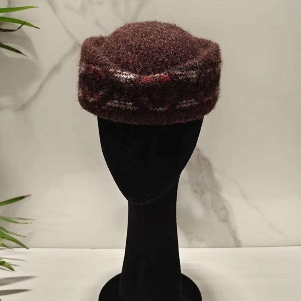 Fair Isle Pattern Stewardess Beret Hat Faux Fur Trim Teardrop Hat New Pillbox Hat For Women