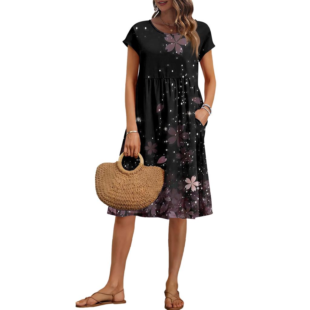 Damen Sommer Mode Lässig Rundhals Kurzarm Blumenmuster Kleid