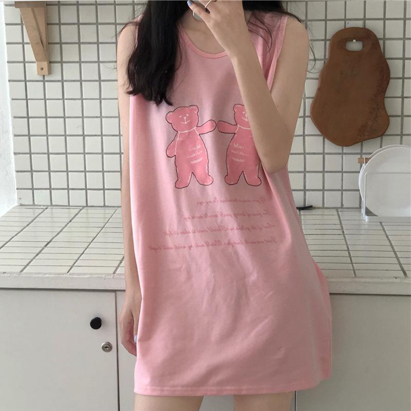 Summer sleeveless crew neck sexy medium and long vest girl bear print t-shirt suspender dress student top
