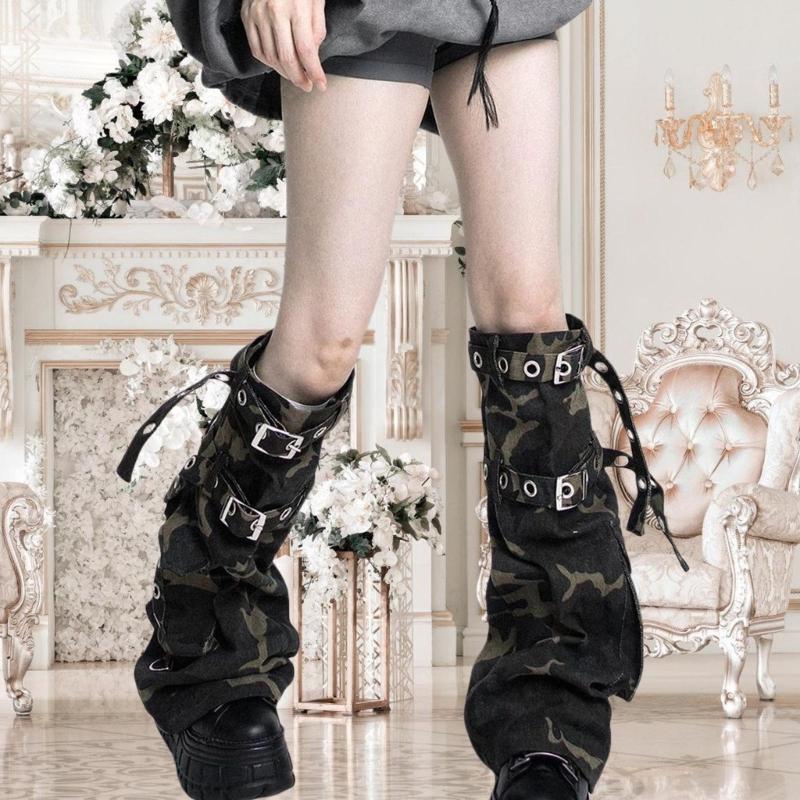 Womens Harajuku Punk Camouflage Denims Flared Leg Warmer Buckled Eyelets Straps Cargo Leg Cover Stockings Streetwear