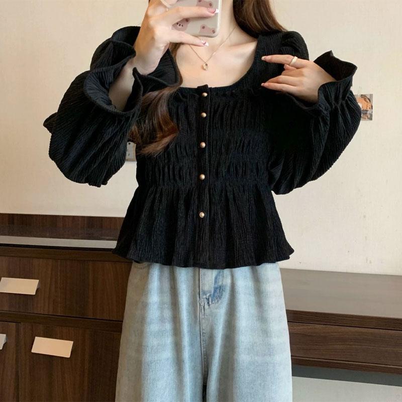 French Style Vintage Folds Shirt Spring Autumn New Single-breasted Women's Elegant Square Collar Fashion Ruffles Blouse