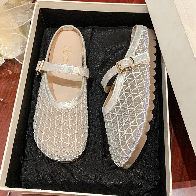 Fashion Women's Flat Slippers 2025 Summer Sandals Luxury Ballet Flats Mesh Mary Jane Shoes Ladies Summer Loafers Fashion Half Slippers