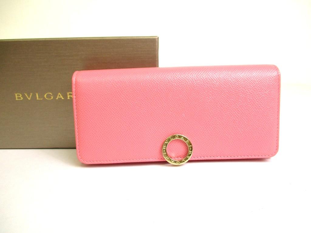 Originální BVLGARI Růžová Kůže Logo Klip Zlatý H/W Klopa Dlouhá Peněženka #a769 Repasovaná