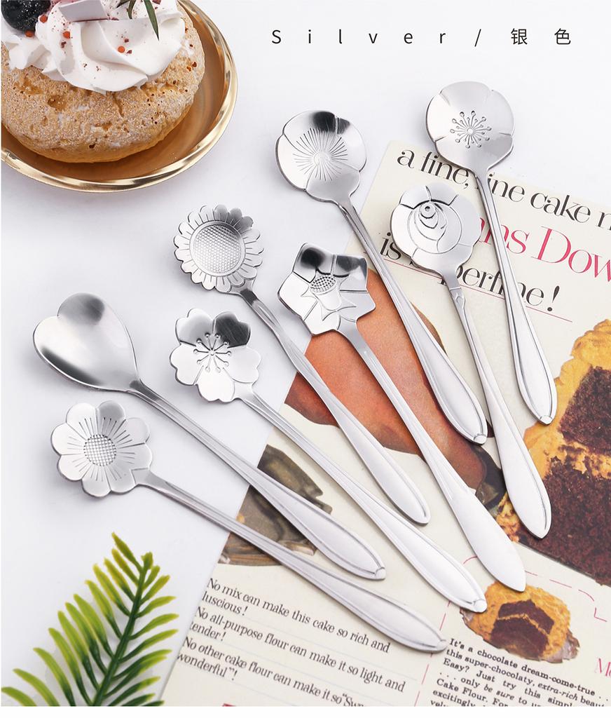 8pcs Teaspoons Set Stainless Steel Spoon Cherry Rose Gold Silver Scoop Coffee Spoon Christmas Gift Kitchen Accessories Tableware
