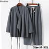 Completo Estivo da Uomo in Cotone e Lino Due Pezzi Stile Cinese Allacciatura Kimono Top+Pantaloni Completo Casual Maschile Vintage Hanfu Tang Suit M-9XL