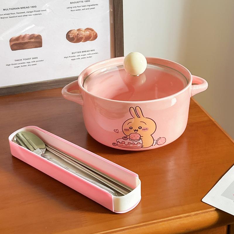 High-value Cute Tableware Ceramic Instant Noodle Bowl with Lid Children's Rice Bowl Student Dormitory Instant Noodle Bowl Binaural Soup Bowl