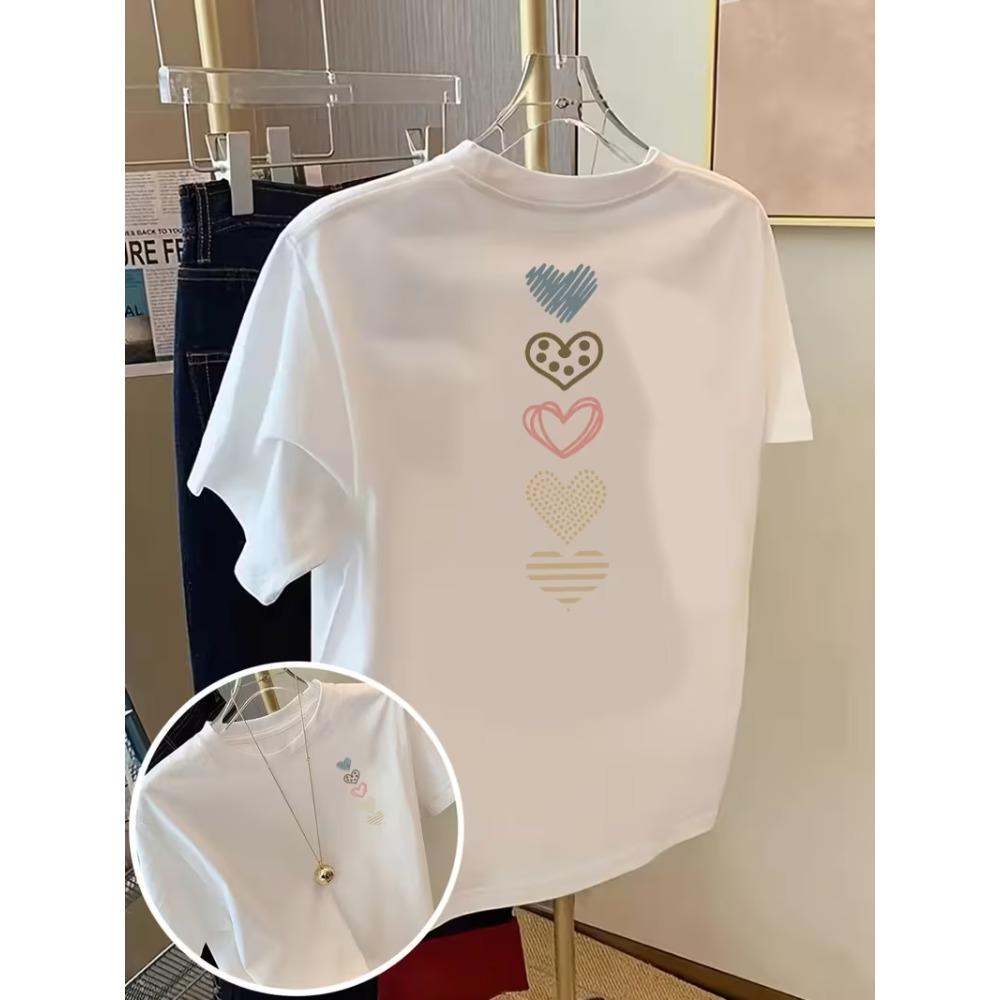 

Women s Short-Sleeve T-Shirt with Heart Print - Double-Sided Love Design Round Neck Casual Top, Spring Summer Fall Casual Attire M
