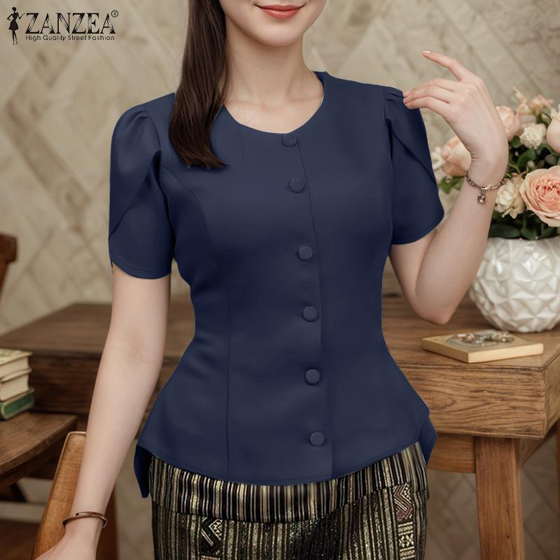 ZANZEA Women Casual Round Neck Summer Short Sleeve Blouse