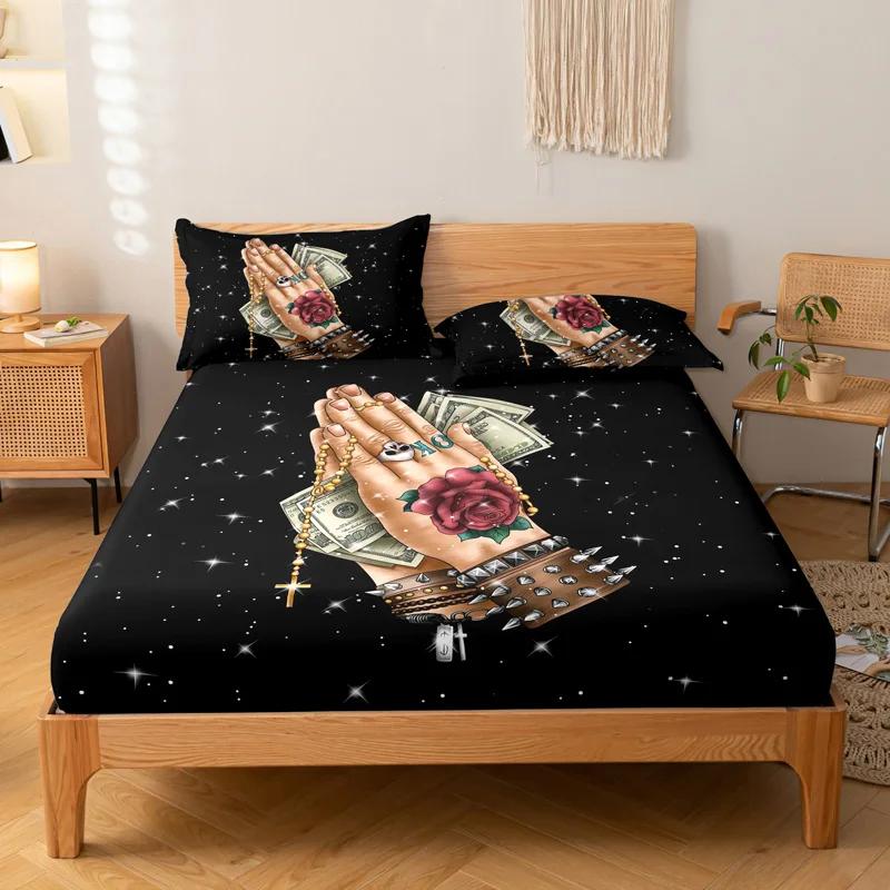 3-piece Simple Modern Skull Animal Pattern Digital Printing Three Piece Fitted Sheet Set, Bedroom Printed Bed Cover Set, Bedding