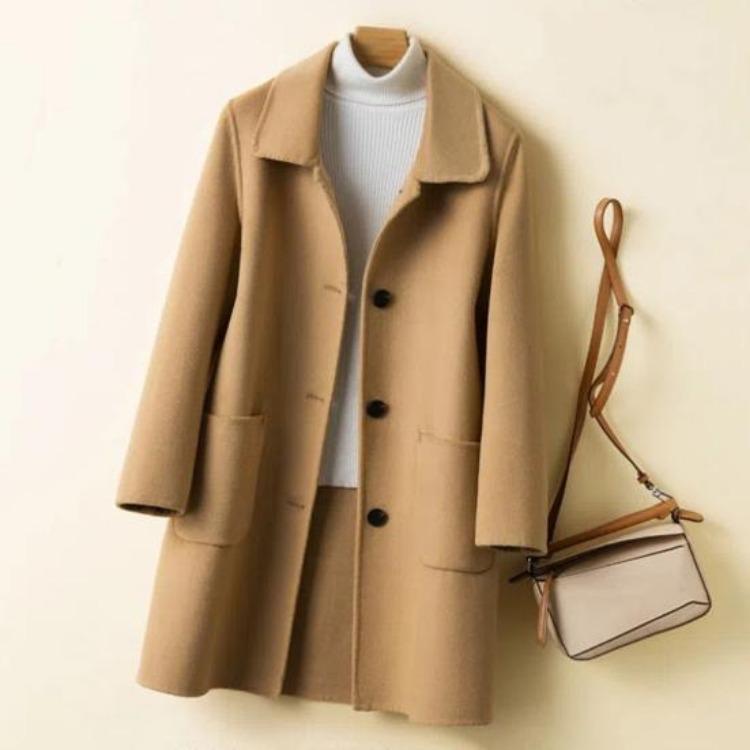 Abrigo de Lana Cálido para Mujer Corte Holgado Solapa Simple Chaqueta Térmica de Manga Larga con Doble Bolsillo Para Ir al Trabajo Cita