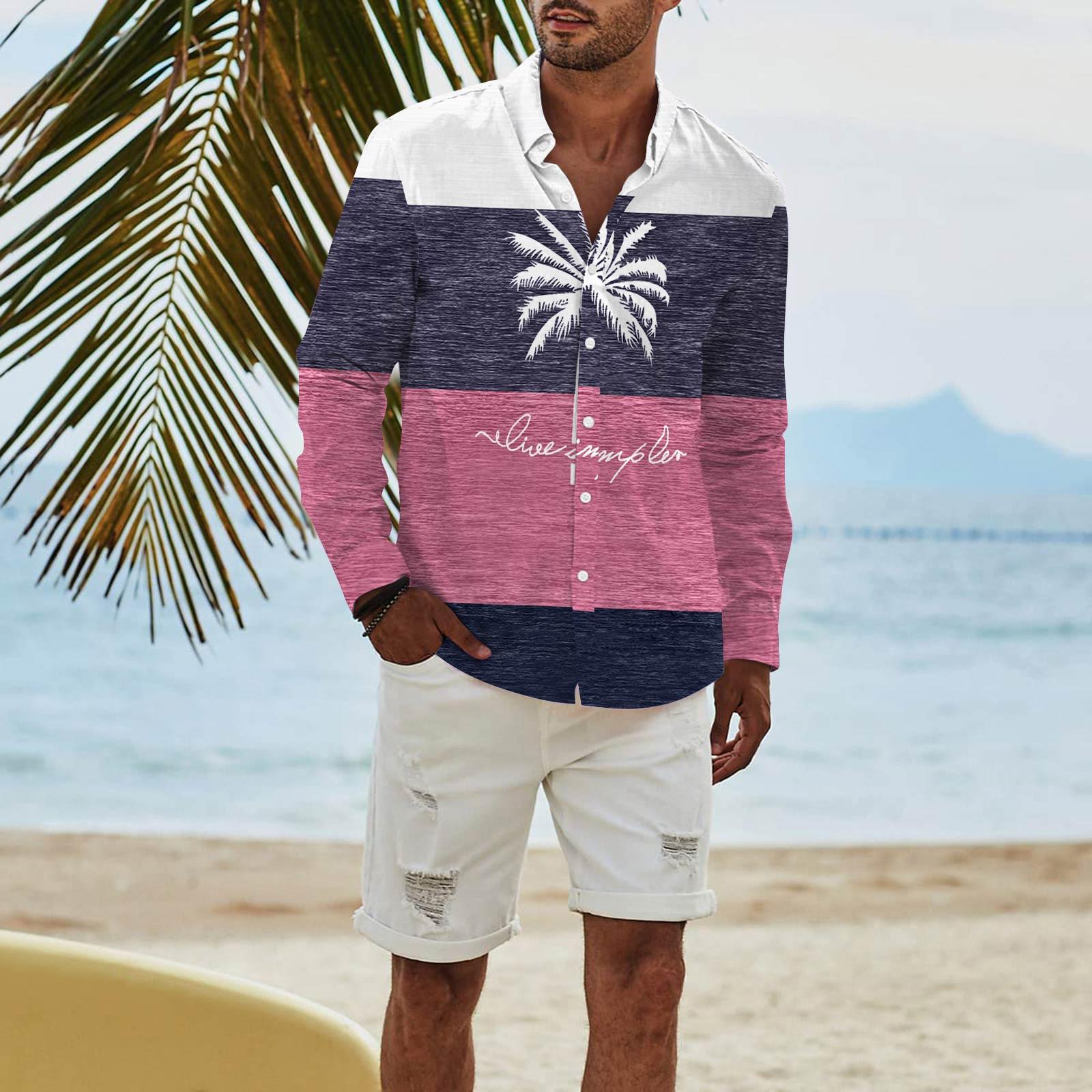 

Чоловіча мода Футболка з довгим рукавом з принтом, повсякденна, на ґудзиках, звичайної посадки, топ L рожевий