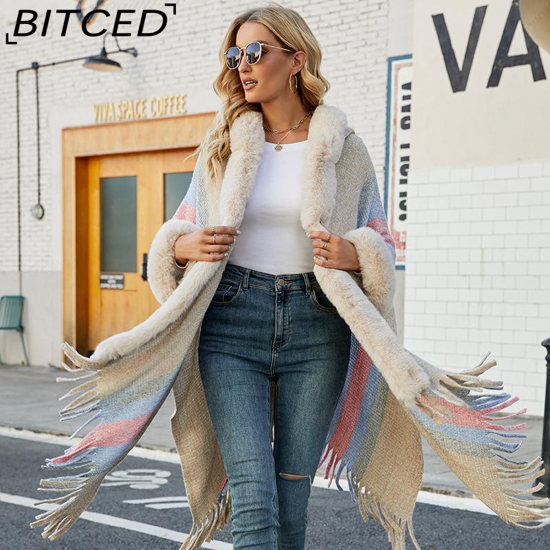BITCED Hooded Cape Women's Fall/Winter Striped Knit Fringe Shawl