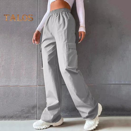 Pantaloni cargo pentru femei, cu talie elastică, cu picior lat, de culoare uni, pantaloni de sport casual, cu buzunar lateral cu clapă