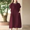 Women Casual Round Neck Solid Color Short Sleeve Dress