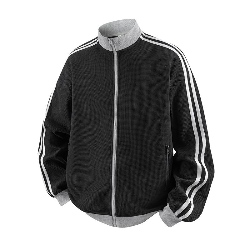 

Кардиган-свитшот в спортивном стиле, мужской, весенне-осенний, американский свободный жакет со стойкой, в полоску, в стиле ретро S чёрный